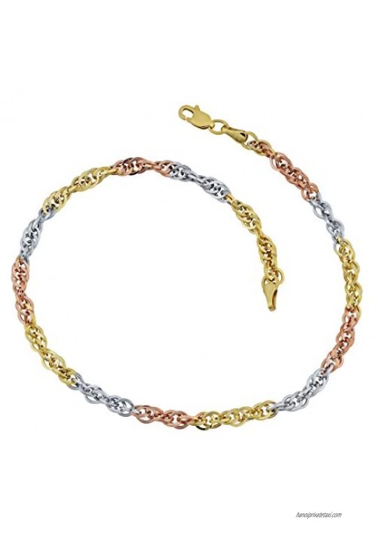 Kooljewelry 10k Tricolor Gold Double Cable Link Anklet (3.85 mm 10 inch)
