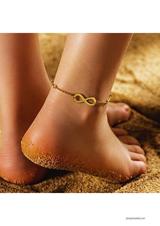 KRKC Ankle Bracelets for Women with CZ Stones 18k Gold/White Gold Plated Charm Anklet Adjustable Stainless Steel Anklet with Extension Chain Infinity Anklet Gold