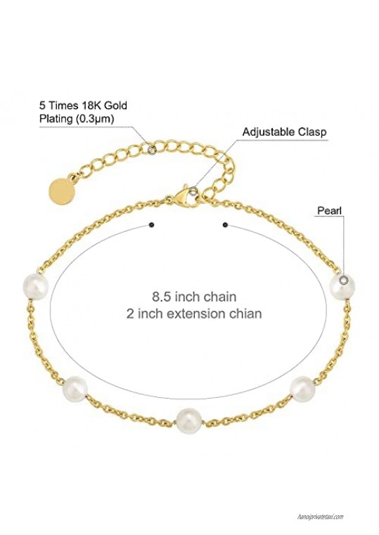KRKC Anklets for Women 18k Gold/White Gold Plated Beaded Anklet Adjustable Ankle Bracelets with Extension Chain
