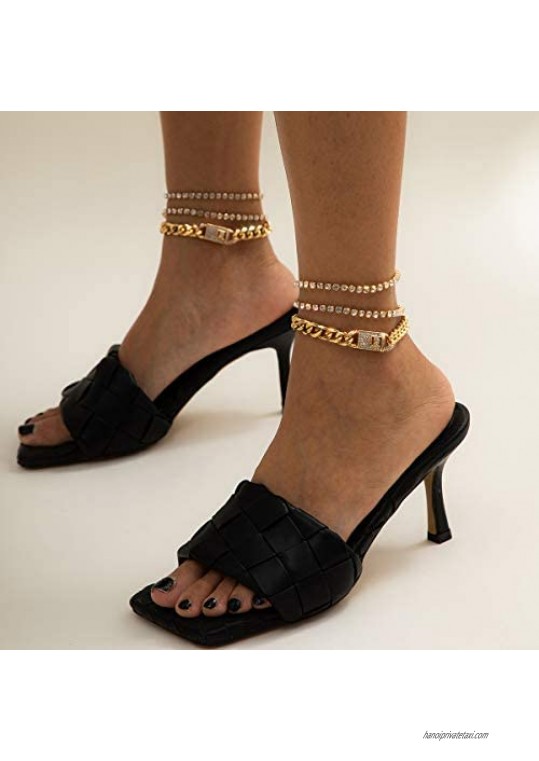 KunJoe 3Pcs Ankle Bracelets for Women Girls Gold Silver Cuban Link Anklet Rhinestone Anklets Set Adjustable Retro Ethnic Style