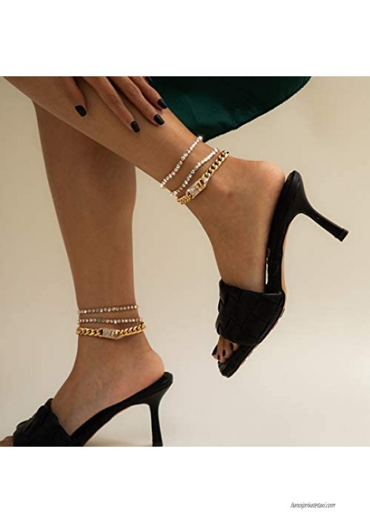 KunJoe 3Pcs Ankle Bracelets for Women Girls Gold Silver Cuban Link Anklet Rhinestone Anklets Set Adjustable Retro Ethnic Style
