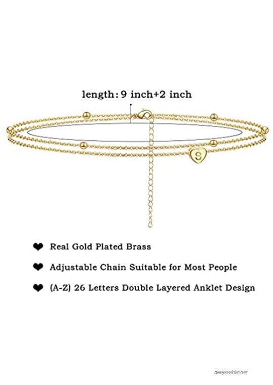 Layered Initial Heart Anklet for Women Personalized 14K Gold Plated A-Z Letter Ankle Bracelet Dainty Foot Jewelry Summer Beach Gift for Her