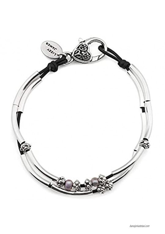 Lizzy James Lucy Anklet in Natural Black Leather Silver Plate Crescents and Freshwater Pearls