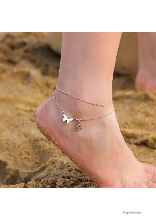 M MOOHAM Dainty Butterfly Anklets for Women 14K Gold Filled Initial Anklet for Women Handmade Gold Anklets for Women Boho Butterfly Anklet Initial Ankle Bracelets for Women Anklets Jewelry