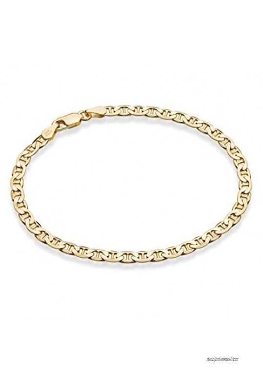 Miabella 18K Gold Over Sterling Silver Italian 3mm 4mm Solid Diamond-Cut Mariner Link Chain Bracelet for Men Women 6.5 7 7.5 8 Inch Made in Italy