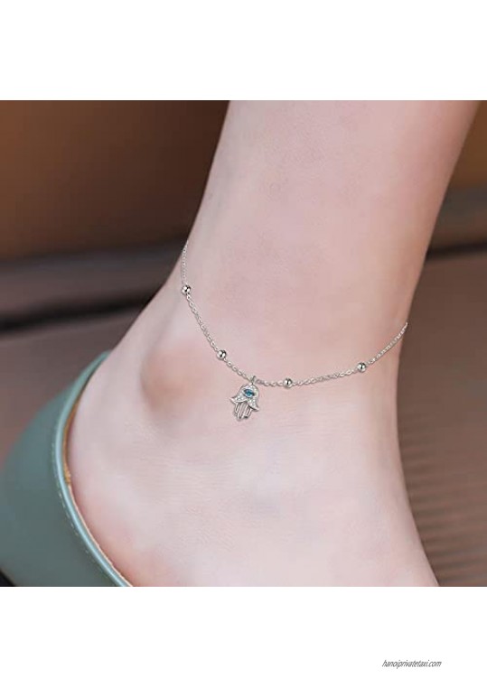 MONGAS Sterling Silver Anklet for Women Turtle/ Evil Eye Hamsa/Star Multilayer Anklets Adjustable Layered Women's anklets Foot Beach Jewelry