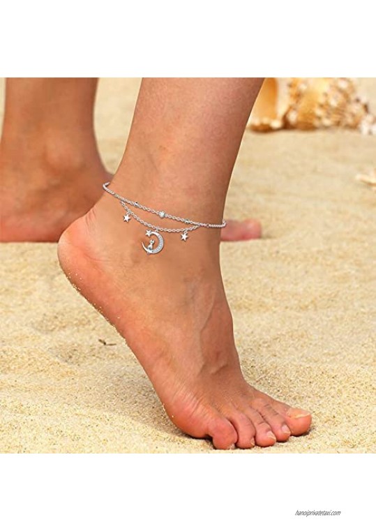 Moon Star Anklet Bracelets for Women 925 Sterling Silver Cat Layered Anklets for Sea Beach Foot Anklet for Teen Girls
