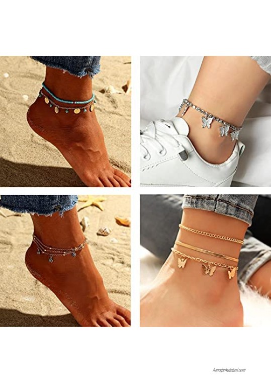 MOROTOLE 10 Pcs Gold Ankle Bracelets for Women Boho Beach Cute Anklet Set Sparkly Tennis Butterfly Pearl Layered Ankle Chain Adjustable Foot Jewelry
