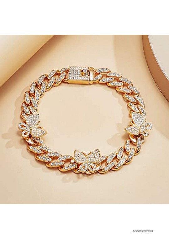 MUMREUES Butterfly Cuban Chain Anklet 18K Gold White Gold Plated Dainty Pave Inlay Iced Out Rhinestones Bling Butterfly Miami Cuban Chunky Thick Link Anklets Hip-hop Jewelry for Women Girls Gift