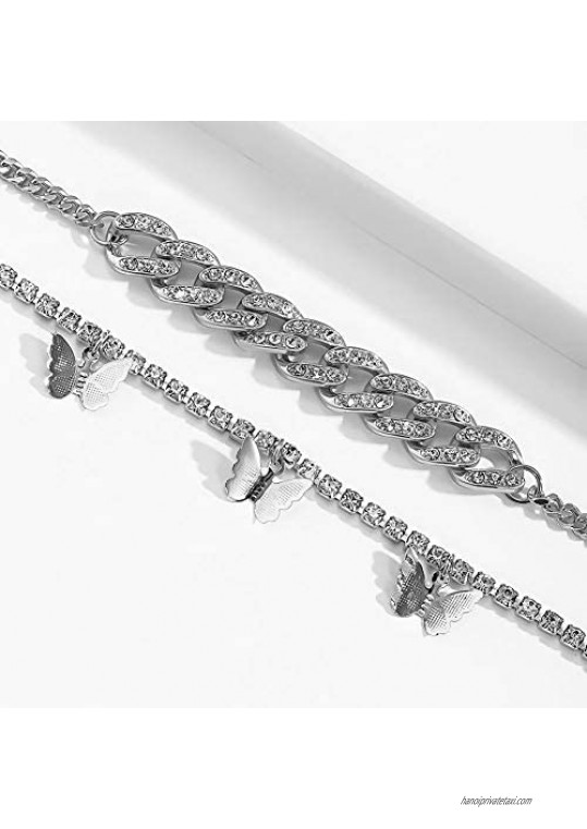 nylry Gold Silver Cuban Link Anklets Rhinestone Tennis Chain Butterfly Ankle Bracelet Adjustable Double Layered Anklets with Extension for Women Teen Girls Fashion Summer Jewelry Teen Jewelry