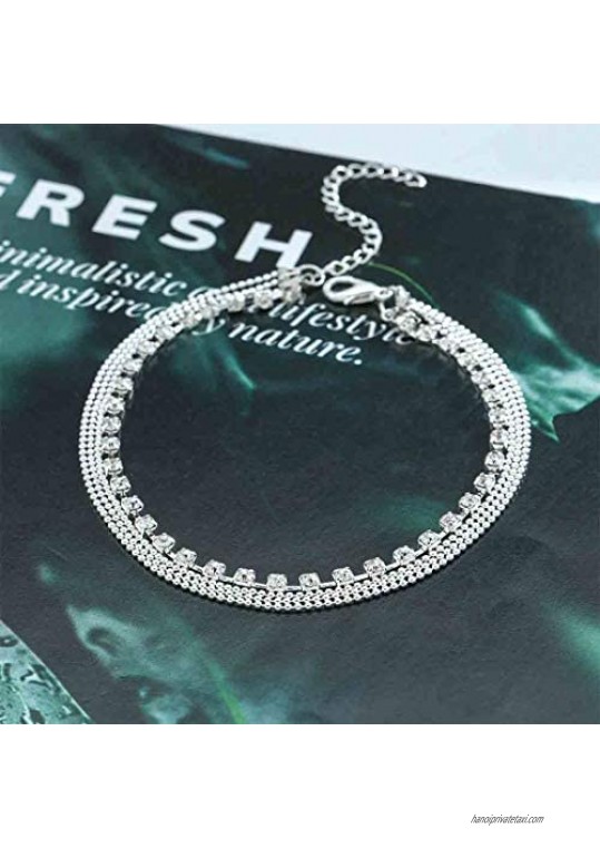 Olbye Crystal Rhinestone Chain Anklet Layered Silver Ankle Bracelet Sparkling Foot Jewelry for Women and Teen Girls