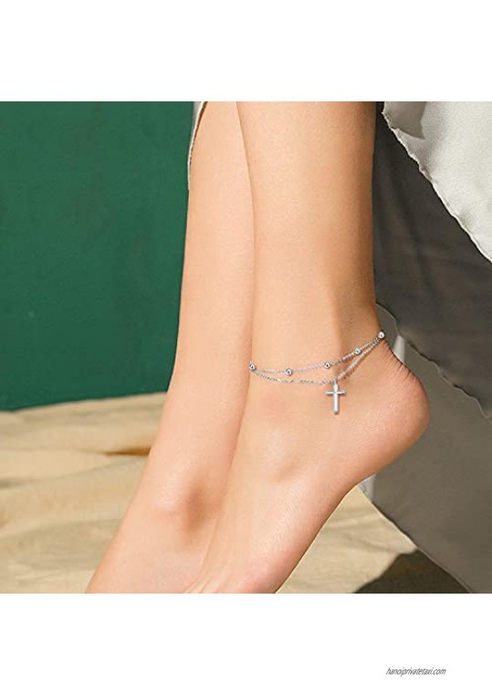 POPLYKE Cross/Moon Star Anklet for Women Sterling Silver Adjustable Foot Chain Anklet Bracelet Summer Jewelry Gifts for Girls