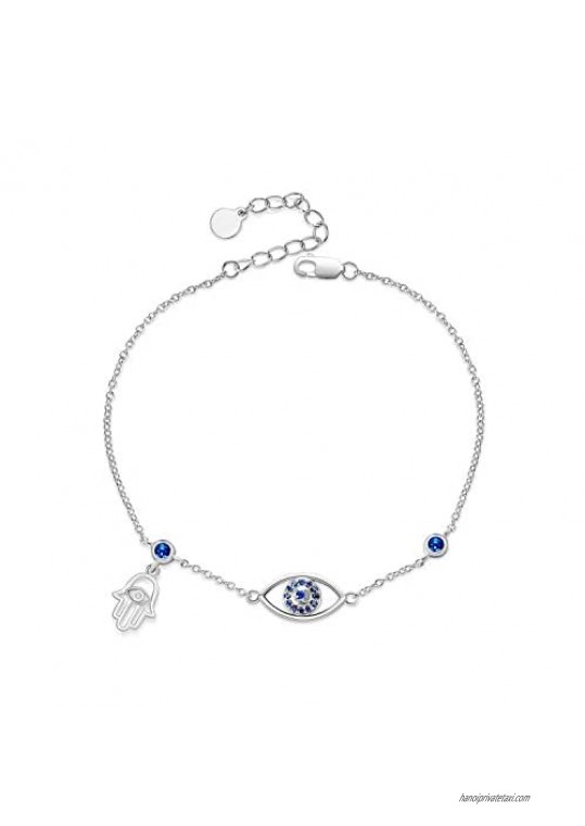 POPLYKE Evil Eye Anklet with Hand of Fatima for Women Sterling Silver Adjustable Chain Anklet Summer Jewelry Gifts for Girls Friends Sisters