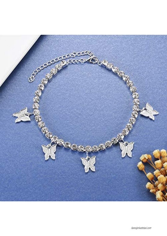 Rhinestone Tennis Butterfly Anklet for Women: Women Summer Beach Adjustable Ankle Bracelet Ankle Jewelry Holiday Gifts