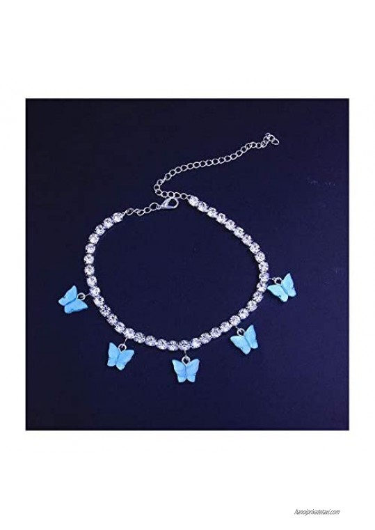 Rhinestone Tennis Chain Butterfly Anklet Bracelet Crystal Butterfly Ankletst Boho Foot Chain Bracelet Crystal Armlet Rhinestone Leg Bracelet Jewelry (Silver+Blue pendant)