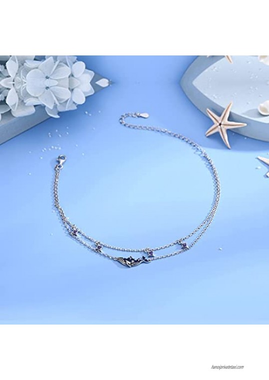 S925 Sterling Silver Whales Shell Starfish Anklet Ocean Animal Beach Foot Jewelry Adjustable Layered Anklet Bracelet Gifts for Women Girls