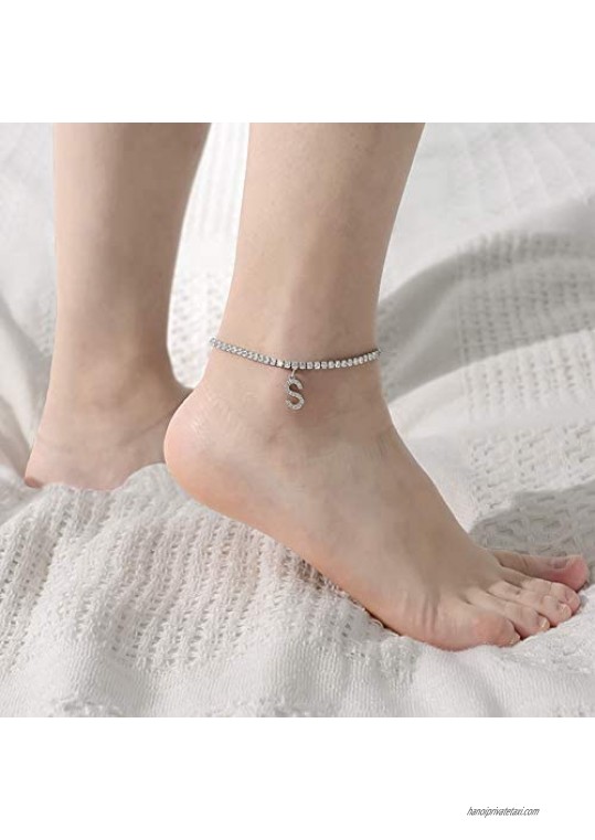 SERYNOW Initial Anklet Letter Ankle Bracelets for Women Cute Summer Tennis Anklets Silver Alphabet Anklets for Women Girls