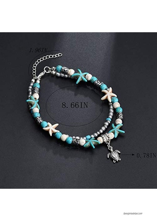 SEVENSTONE Handmade Starfish Turtle Anklet Beads Sea Boho Pearl Charm Anklets Foot Jewelry for Women