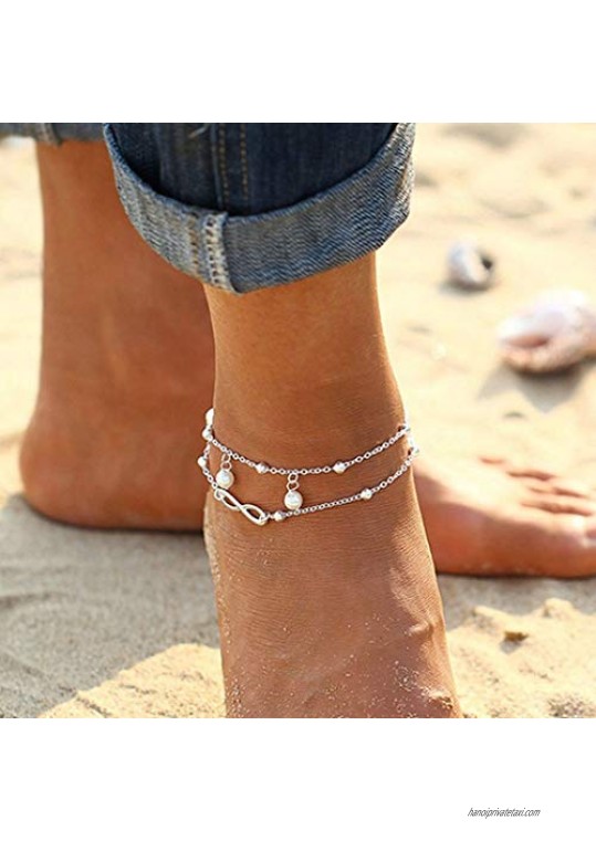 Shegirl Boho Infinite Anklet Bracelets Pearl Layered Anklet Chain Silver Beach Foot Jewelry for Women and Girls (Silver)