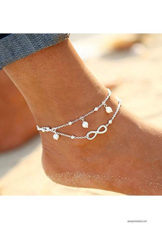 Shegirl Boho Infinite Anklet Bracelets Pearl Layered Anklet Chain Silver Beach Foot Jewelry for Women and Girls (Silver)