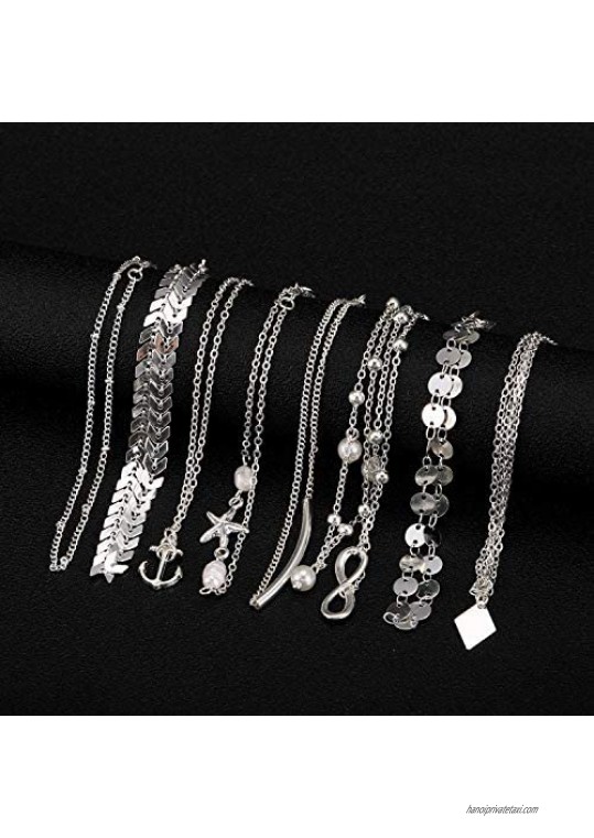 SHIWE 15 PCS Ankle Bracelets for Women Gold Silver Anklets Layered Beach Adjustable Chain Anklet Set Foot Jewelry