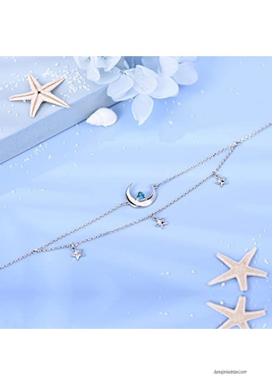 Star Moon Anklet for Women 925 Sterling Silver Layered Anklet Bracelet Adjustable Foot Anklets Jewelry Gifts for Women Wife Girls