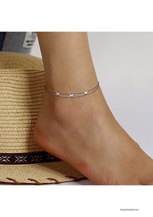 Sterling Silver Butterfly Ankle Bracelets - Butterfly Layered Anklets Summer Beach Jewelry Gifts for Women Teens Girls Friends