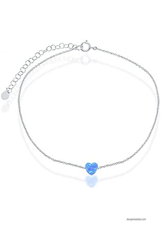 Sterling Silver or Rose Gold Plated Created Blue or White Opal Heart or Disc 9+2" Anklet