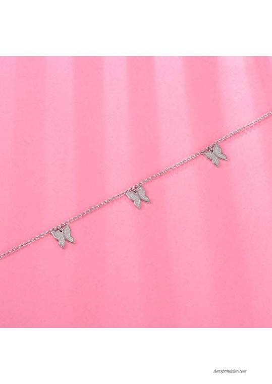 Sterling Silver Tennis Butterfly Anklet - Women Summer Beach Adjustable Anklet Bracelet Ankle Jewelry for Teens Women