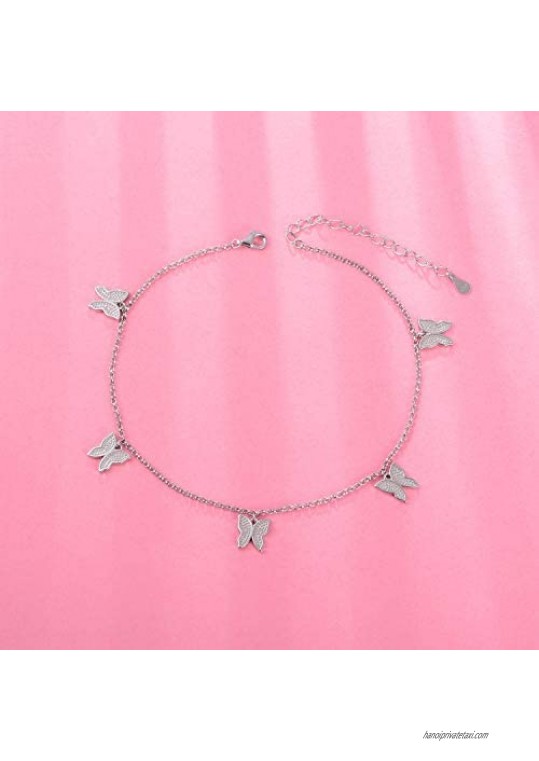 Sterling Silver Tennis Butterfly Anklet - Women Summer Beach Adjustable Anklet Bracelet Ankle Jewelry for Teens Women