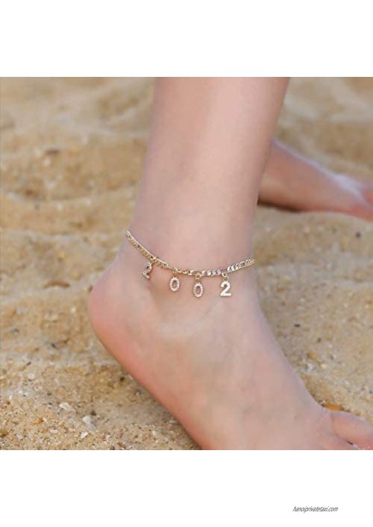 Turandoss Birth Year Number Ankle Bracelets for Women 14K Gold Filled Dainty CZ Date Anklet Personalized Birth Year Number Ankle Bracelets for Women Beach Foot Jewelry
