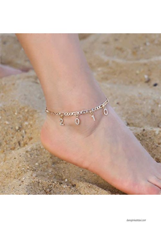 Turandoss Birth Year Number Ankle Bracelets for Women 14K Gold Filled Dainty CZ Date Anklet Personalized Birth Year Number Ankle Bracelets for Women Beach Foot Jewelry