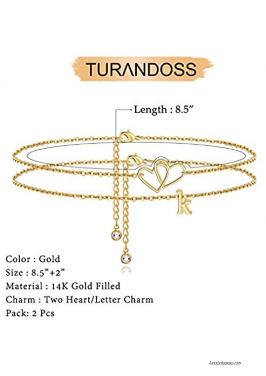 Turandoss Initial Heart Ankle Bracelets for Women 14K Gold Filled Handmade Layered Initial Anklet Letter Two Heart Ankle Bracelets for Women Girls Beach Jewelry
