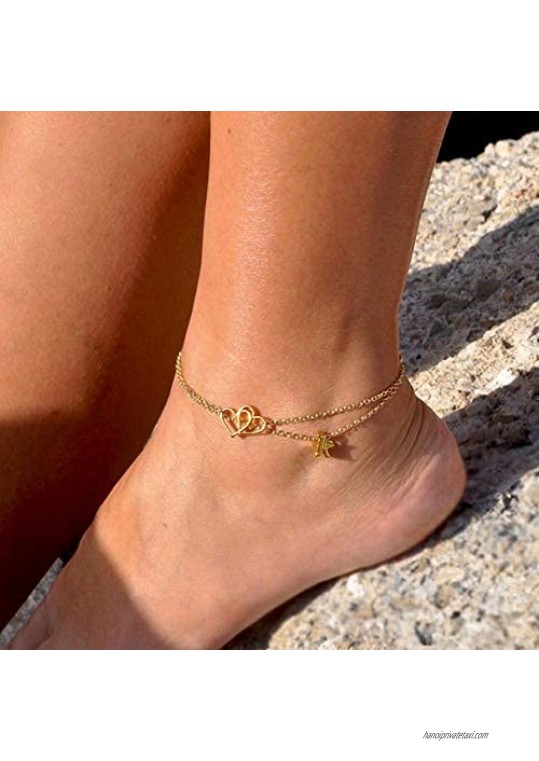 Turandoss Initial Heart Ankle Bracelets for Women 14K Gold Filled Handmade Layered Initial Anklet Letter Two Heart Ankle Bracelets for Women Girls Beach Jewelry