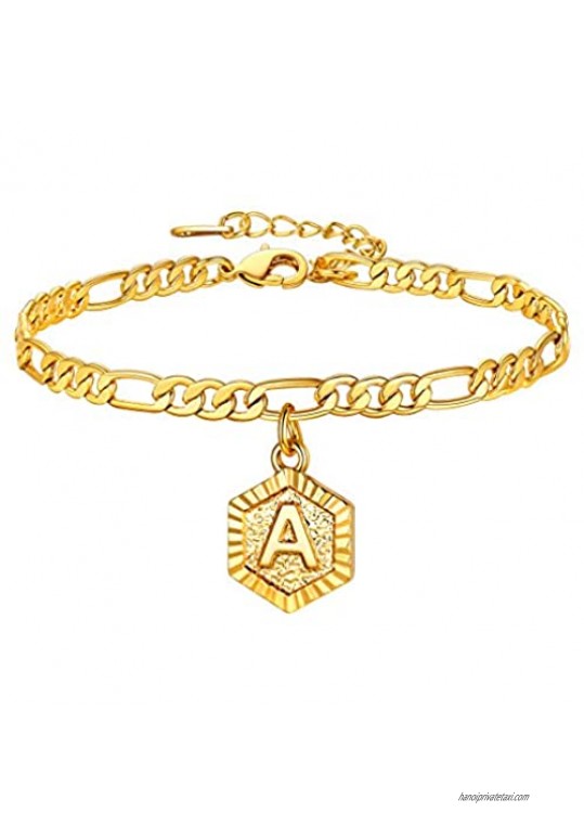 U7 Initial Ankle Bracelets for Women Girls Resizable Length 8.5-10.5 Inch Feet Jewelry  18k Gold Plated 4mm Figaro Chain Cute Hexagon Alphabet A-Z 26 Letter Anklets Hypoallergenic Gift Packed