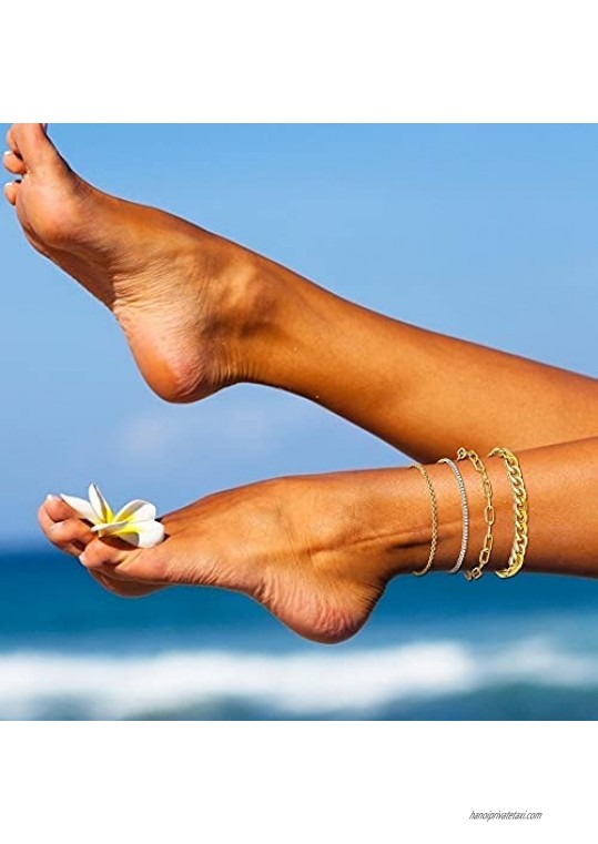 Udalyn 3-4 Pca 14K Gold Anklet bracelets for Women Set Simple Figaro/Cuban/Paperclip Link ankle chains Bracelet Adjustable Beach Women's Anklets Foot Jewelry