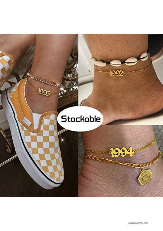 UMSTAR Birth Year Ankle Bracelets for Women Summer Beach Foot Chain Dainty Gold Anklets for Women Girls Foot Jewelry Birthday Gifts