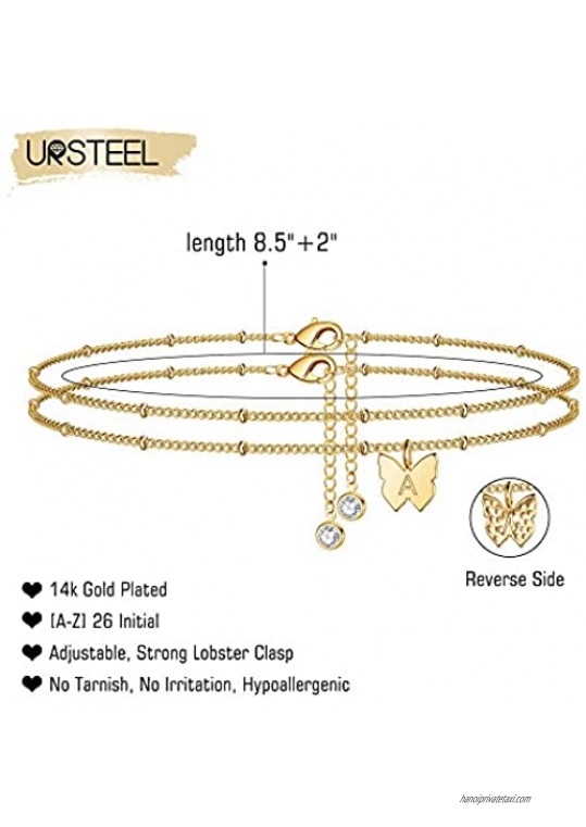 Ursteel Ankle Bracelets for Women 14K Gold Plated Dainty Layered Butterfly Initial Anklets Summer Jewelry Gifts for Women Teen Girls