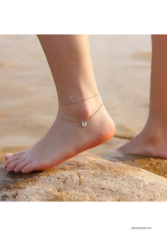 Ursteel Ankle Bracelets for Women 14K Gold Plated Dainty Layered Butterfly Initial Anklets Summer Jewelry Gifts for Women Teen Girls
