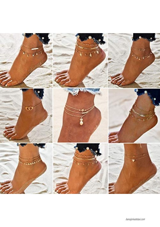 WFYOU 15Pcs Ankle Bracelets for Women Silver Gold Anklets for Women Boho Beach Anklet Layered Crystal Anklets Adjustable Chain Anklet Set Foot Jewelry