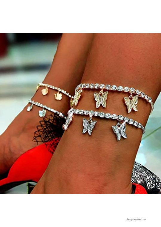 Woent Butterfly Anklets Tennis Chain Bling Rhinestone Ankle Bracelets Beach Foot Jewelry Accessories Adjustable for Women Girls (Silver)