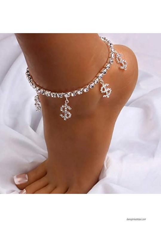Woeoe Rhinestone Ankle Chain Silver Dollar Pendant Anklets Crystal Foot Chain Beach Foot Charm Jewelry Accessories for Women and Girls