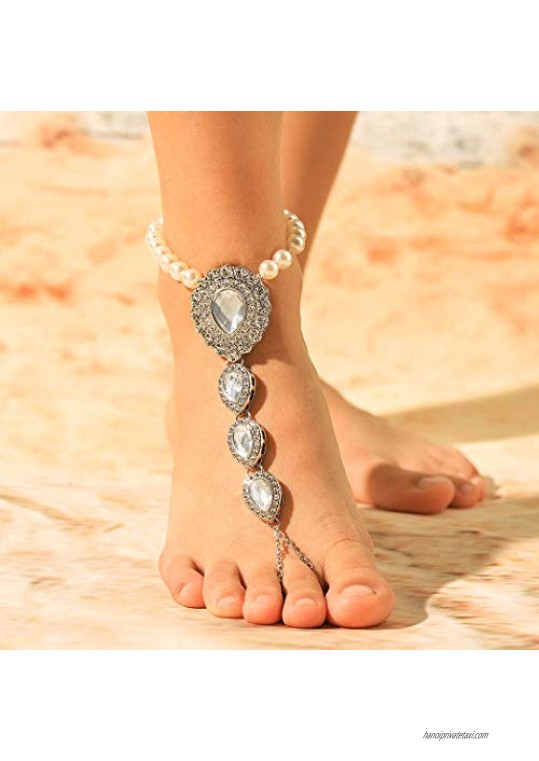 Woeoe Rhinestone Anklets Silver Crystal Pearl Toe Ring Anklet Barefoot Sandals Foot Chain Jewelry for Women and Girls