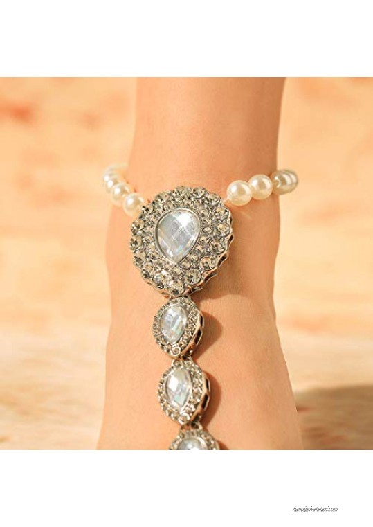 Woeoe Rhinestone Anklets Silver Crystal Pearl Toe Ring Anklet Barefoot Sandals Foot Chain Jewelry for Women and Girls