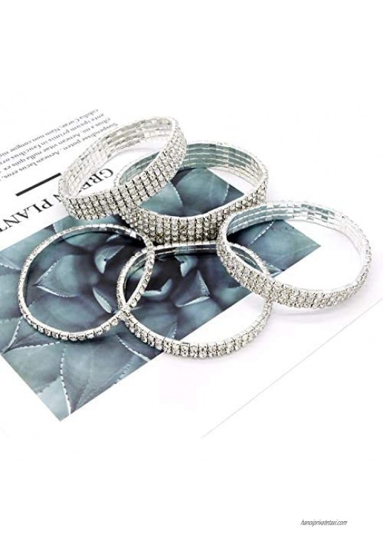 Women Rhinestone Stretch Ankle Bracelet Silver Sparking Tennis Bracelet Crystal Anklet Foot Chain Jewelry (5 Row - 2pcs)