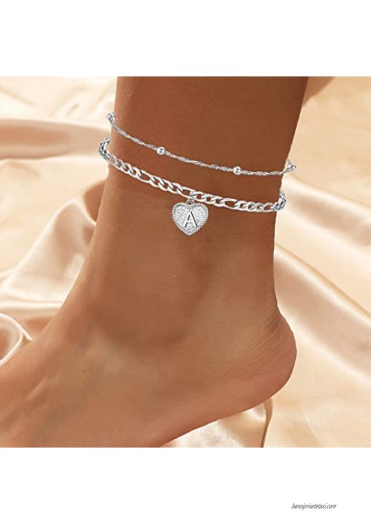 YANCHUN Ankle Bracelets for Women Initial Anklets Silver Plated Figaro Chain Layered Heart Letter Stainless Steel Anklets for Teen Girls