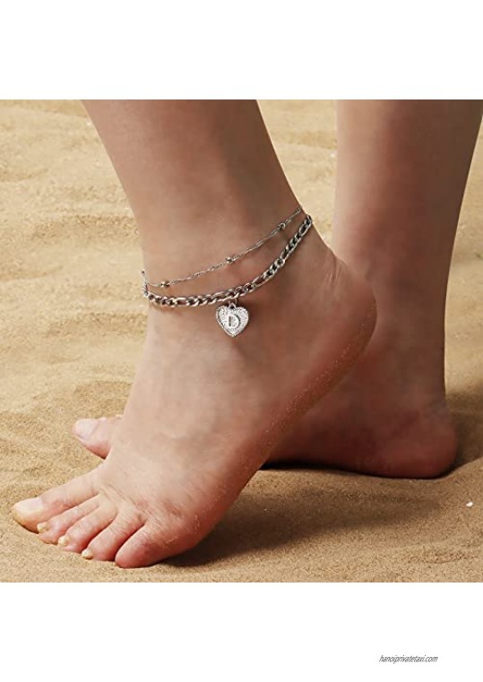 YANCHUN Ankle Bracelets for Women Initial Anklets Silver Plated Figaro Chain Layered Heart Letter Stainless Steel Anklets for Teen Girls