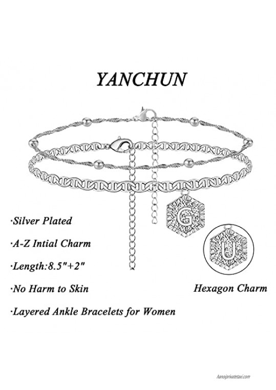 YANCHUN Initial Ankle Bracelets for Women Silver Plated Double Layered Anklets Stainless Steel Anklet Hexagon Letter Bracelets for Teen Girls