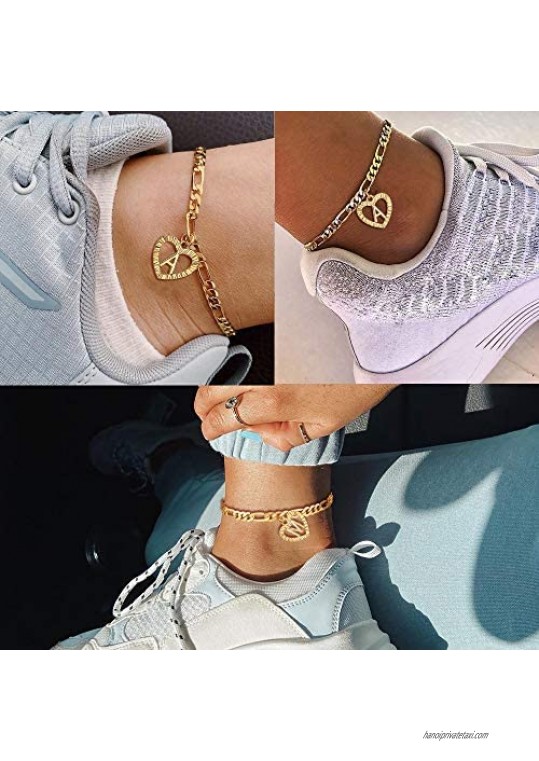 YANODA Gold Initial Pendant Necklace Anklet Bracelet for Women 14K Gold Plated Figaro Chain Letter Initial Heart Necklace Anklets Alphabet Foot Jewelry Personalized Gifts for Women Girls
