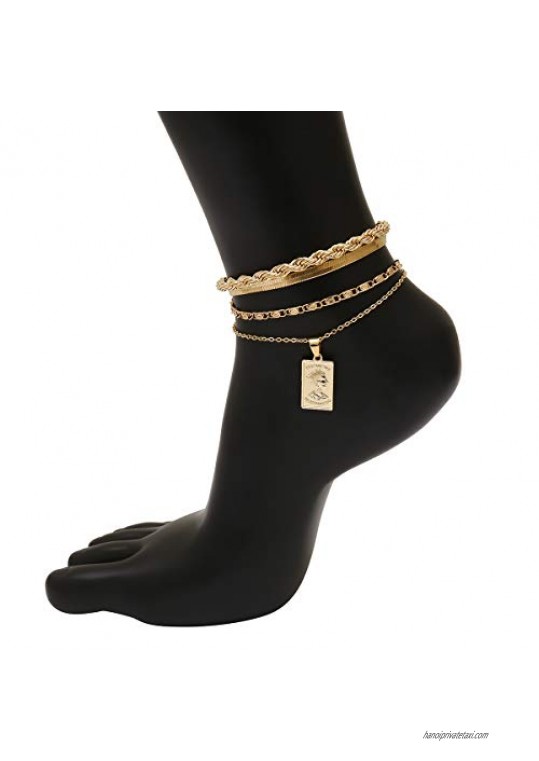 YERTTER Bohemian head portrait Pendant Anklet Set Snake Chain Leg Foot Bracelet Chunky Chain Bracelet Set for Women (Gold)
